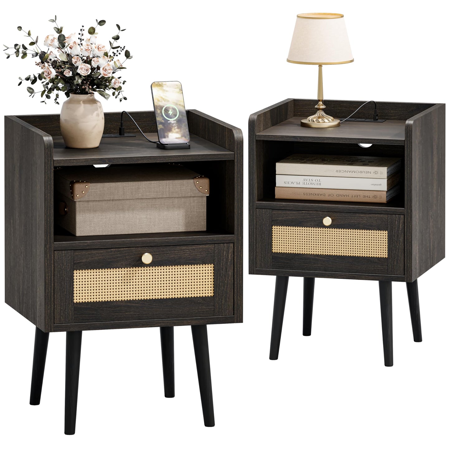 MECHYIN Night Stand Set 2, Nightstands Set of 2 with Charging Station, Rattan Side Tables with Solid Wood Legs, Boho Bedside End Table for Apartment Bedroom Dorm Small Space