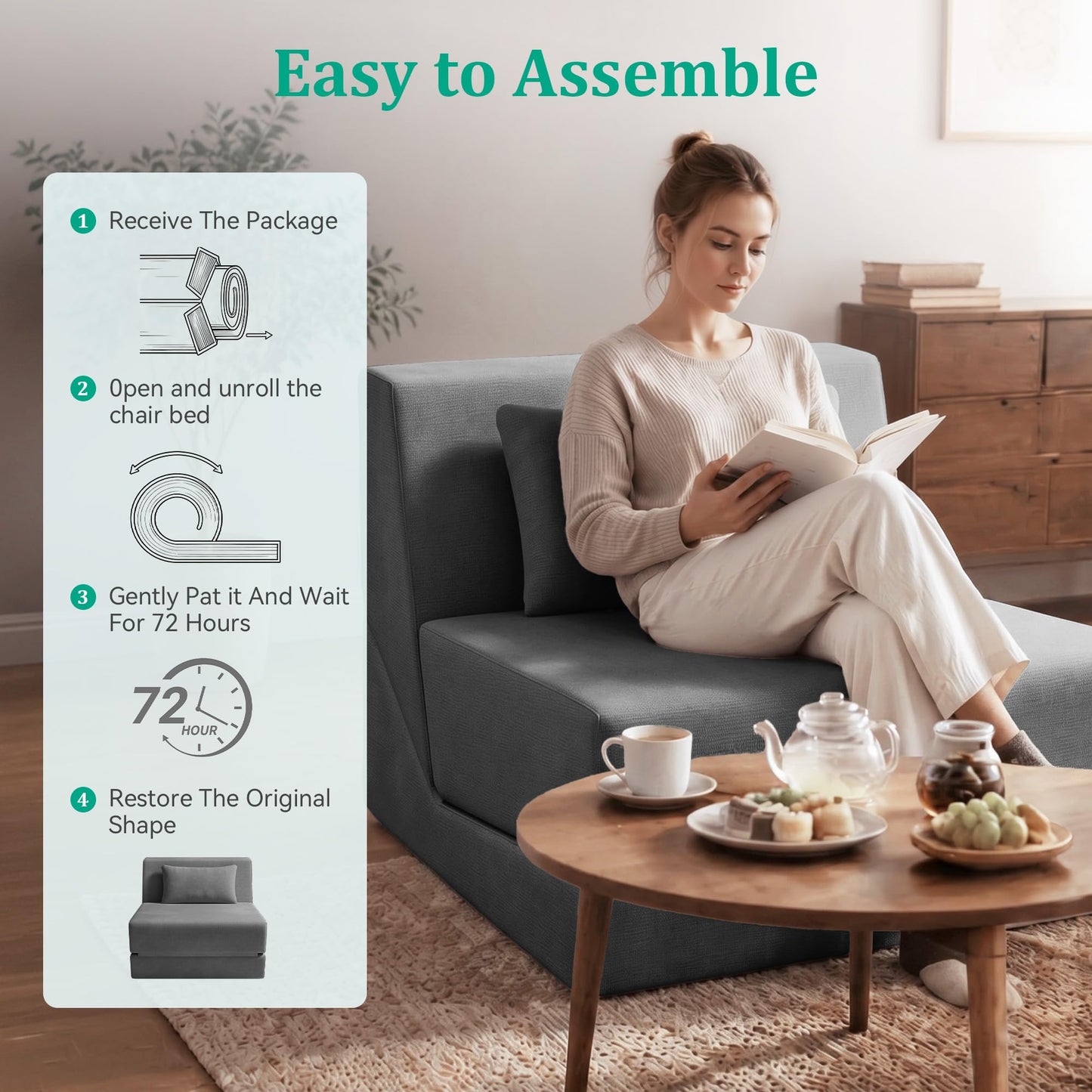 KAPEETOO Fold Out Chair Bed, Folding Sofa Bed, 3 in 1 Convertible Sleeper Chair Bed for Nap, Transformable Sofa Bed for Apartment,Dormitory,Bedroom