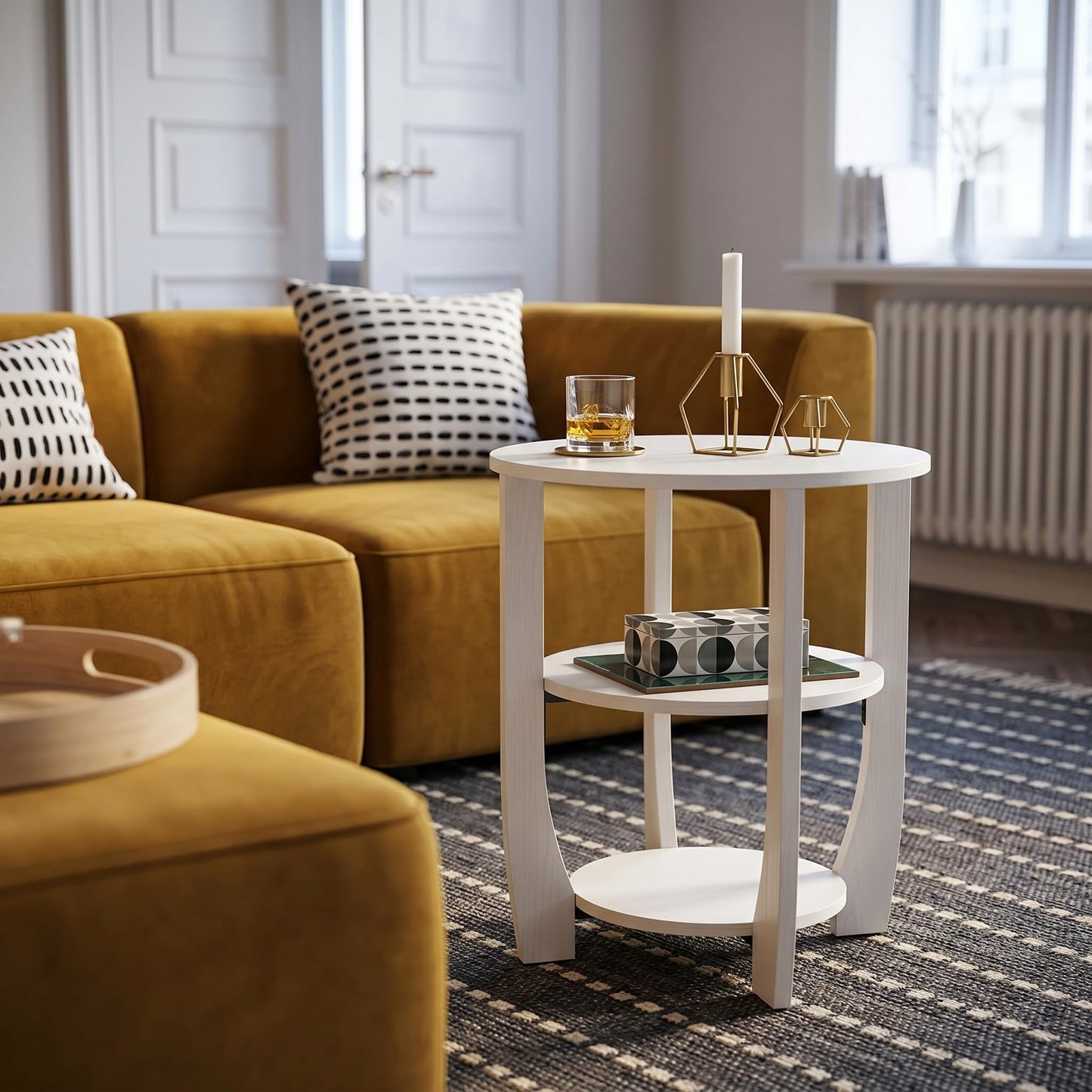ZEXVIDA Round Side Table, 3-Tier End Table with Storage, 19.7 inch White Accent Table,Nightstand for Bedroom Living Room, Modern Design for Couch, Sofa, Recliner, Small Space