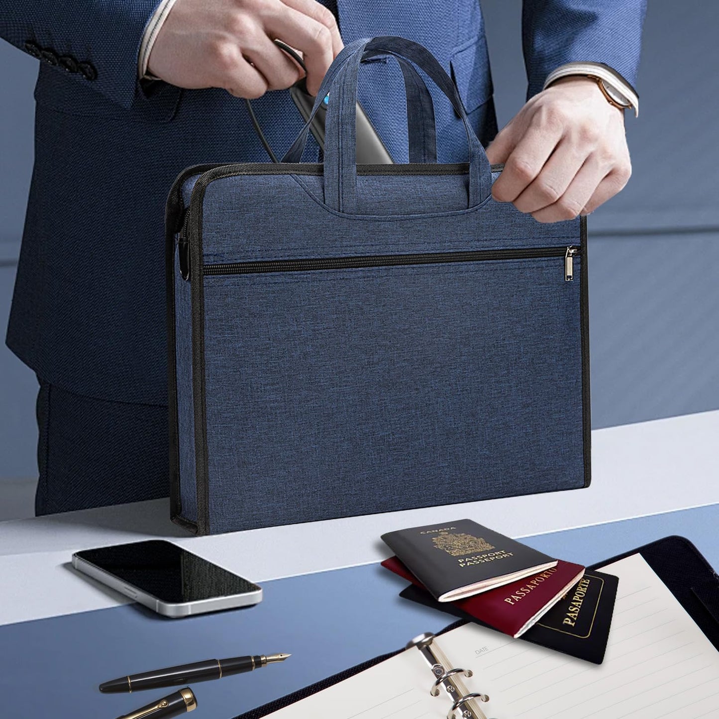 Oxford Zipper Document Bag Portable Document Pouch File Holder Bag for Carry Case Paper Books Laptop Files Carrier (Blue)