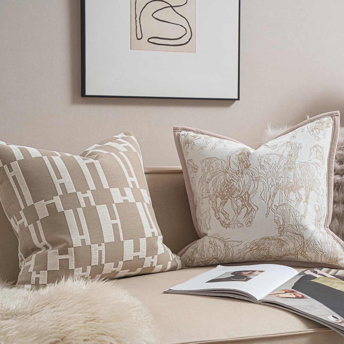 Croker Horse New 20x20'' inches Throw Pillow Cushion Covers - Beige H Letter Chenille Jacquard Embroidery Luxury Modern Style Couch Sofa Bed Pillow Cover for Living Room Bedroom