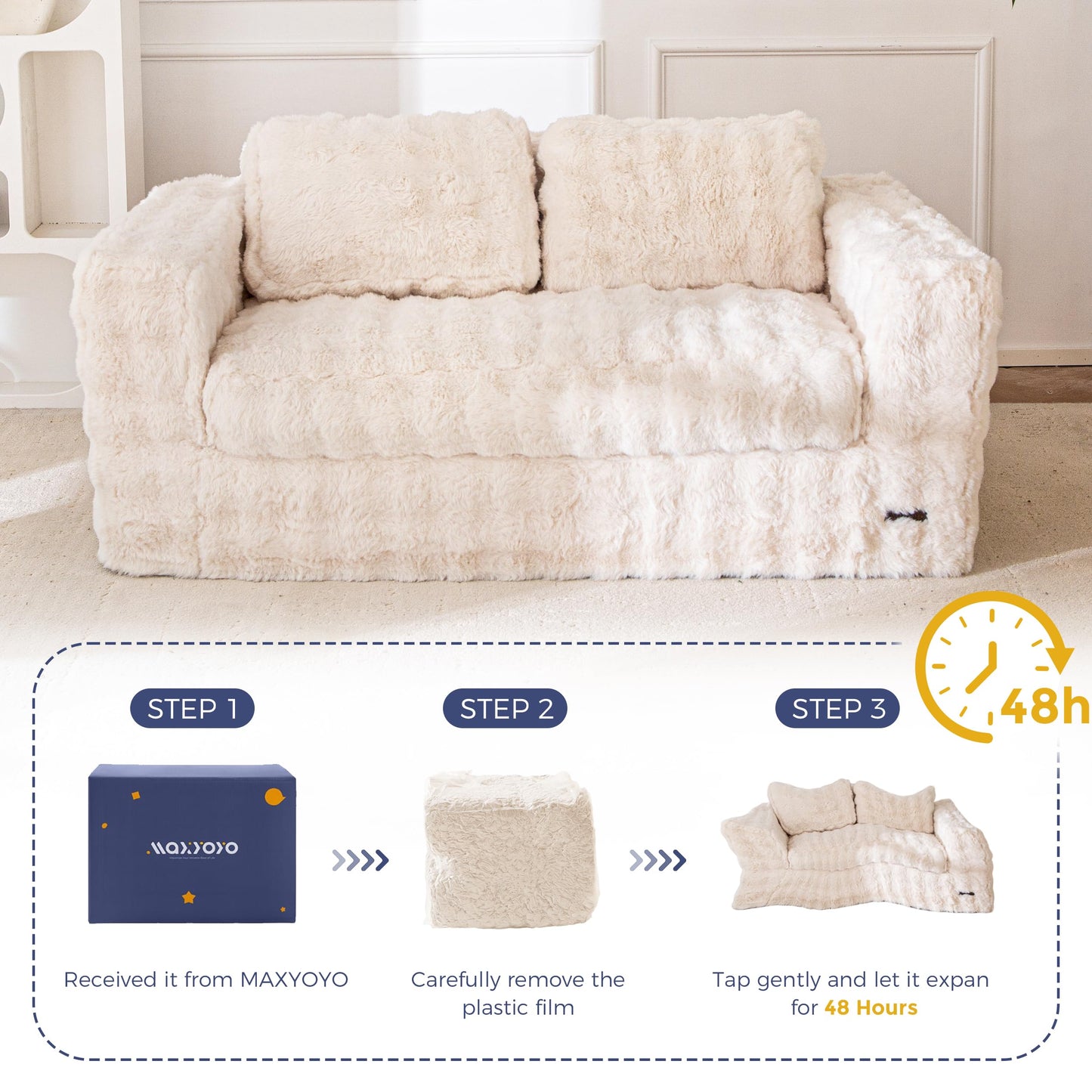 MAXYOYO Loveseat Sofa for Living Room, Small Sofa Couch Tufted Boneless Couch, Comfy Bean Bag Chair for Small Space Bedroom Apartment, No Assembly Needed, Beige