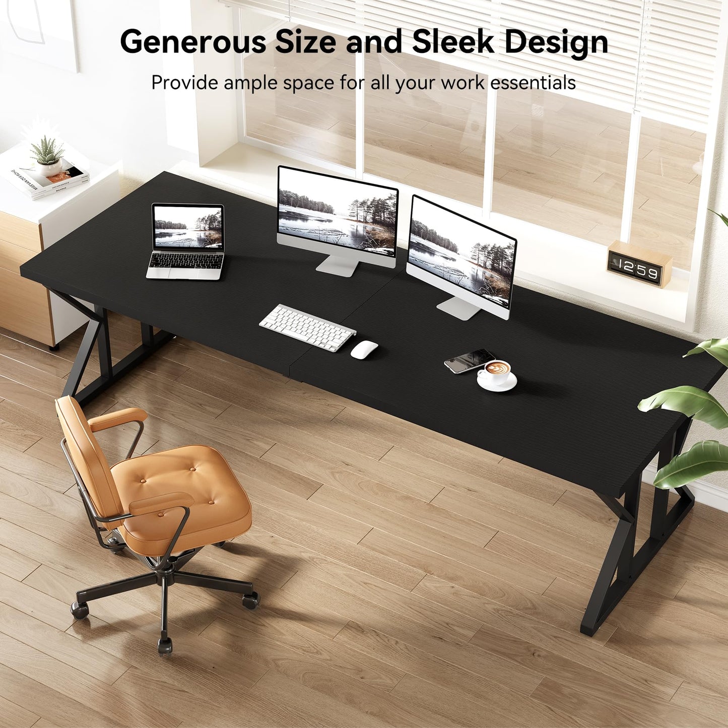 LITTLE TREE 78.7 Inch Large Executive Desk, Extra Long Computer Office Desk Workstation, Modern Simple Style Laptop Table, Sturdy Wooden Writing Workstation for Home Black