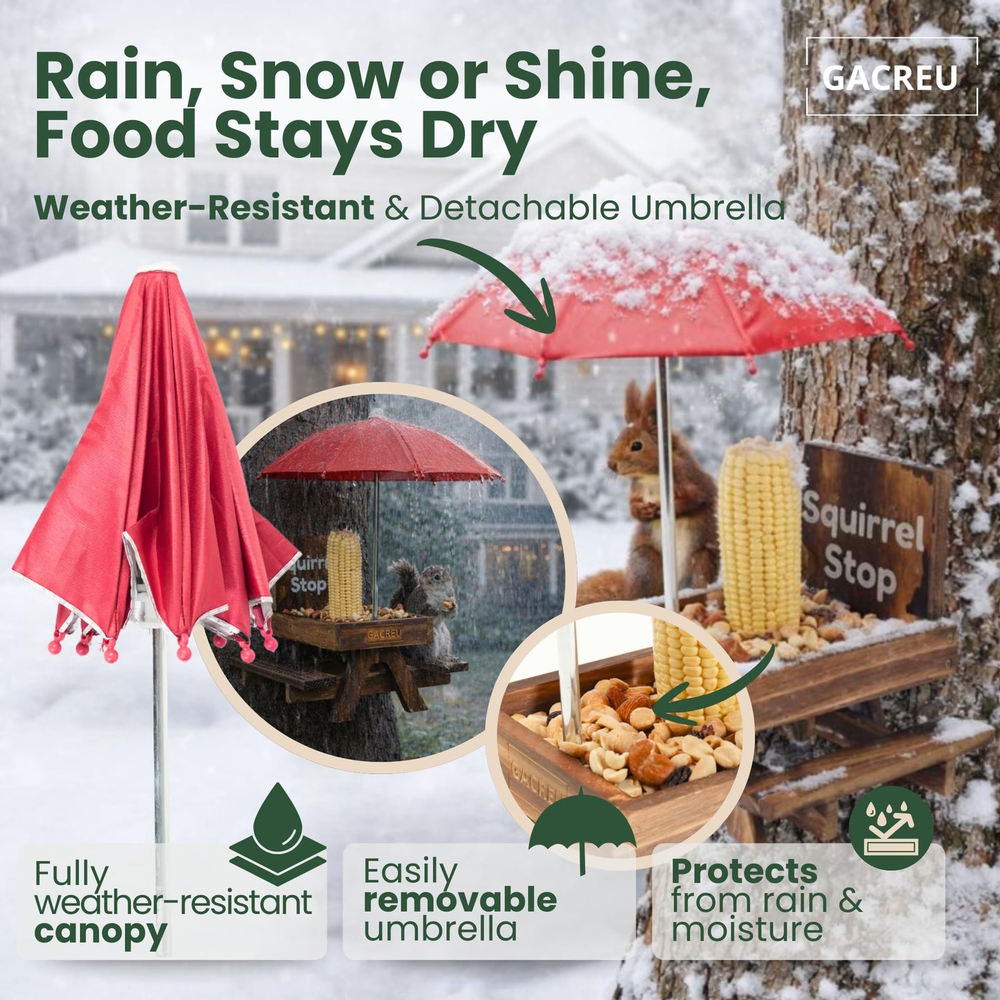GACREU Squirrel Feeder Picnic Table – Wooden Bench Feeding Station with Umbrella, Drainage & Airflow – Easy Assembly Wildlife Feeder for Corn & Nuts – Unique Garden Gift