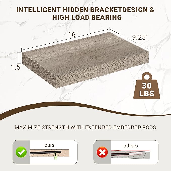 Acovy 16 Inch Floating Shelves, 3D Textured Wood Grain, Wooden Shelves