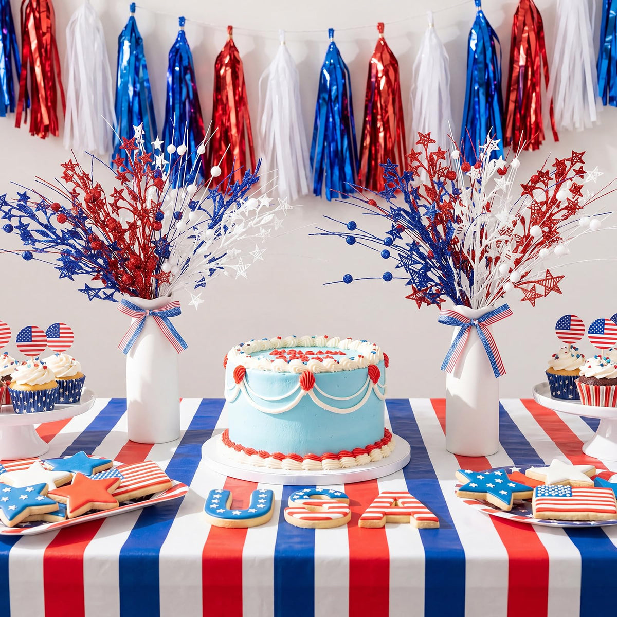 Weysat 4th of July Decorations 2 Sets Artificial Flowers and Vase Red Blue White Patriotic Flowers Memorial Day Floral Arrangement for 250th Anniversary Home Outdoor Table Decor(Star)