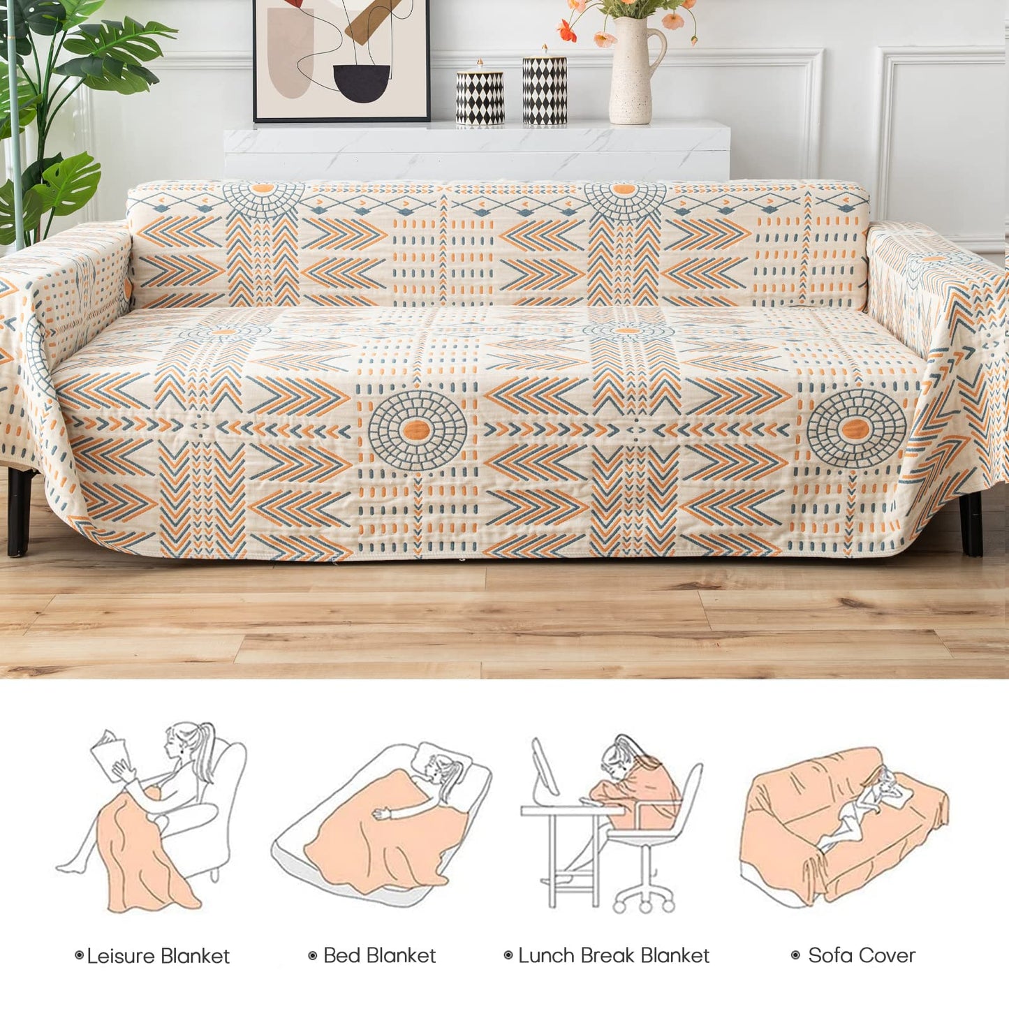 Osunnus Cotton Couch Cover Washable Boho Reversible Throw Sofa Cover Geometric Jacquard Multi-Use Furniture Protector for 2 Cushion Sectional L Shaped Sofa Bed Boho Home Decor, 79" x 102"