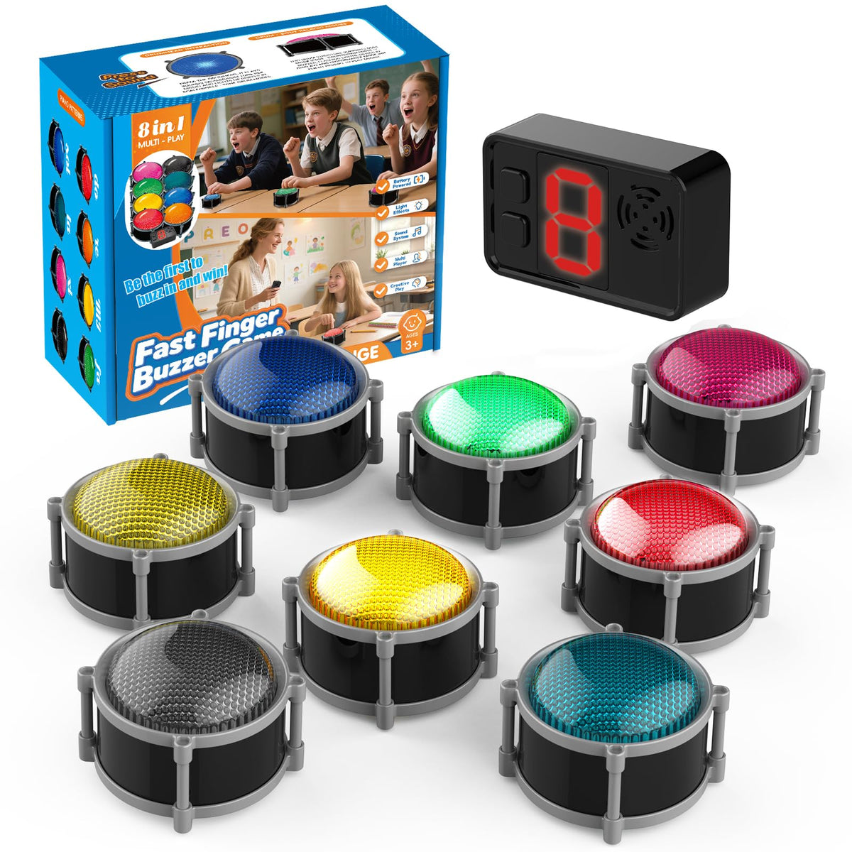 Buzzers for Trivia Games, Rechargeable Answer Buzzers for Classroom with Light, Show Who Buzzed First, 4 Modes, 50m(164Ft)-Buzzer System for Game Show, School, Jeopardy, Family Feud Night (8 Color)