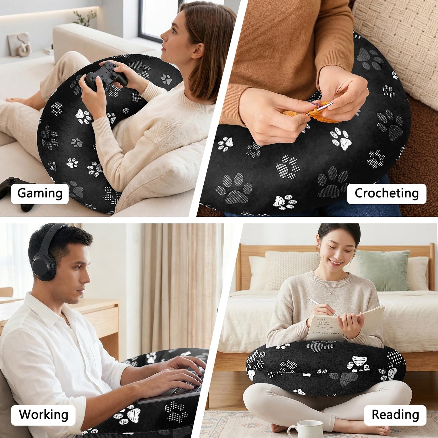 Crafting Pillow for Crocheting, Crochet Pillow for Lap Support, Fun Print Styles, Ergonomic Arm Support, For Bed, Floor, Chair Comfort, Pain Relief and Fatigue for Gaming and Woking (Black Cat Paws)