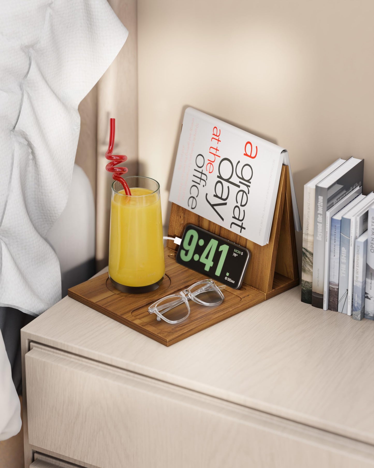 NAGAWOOD Triangle Book Holder, Wooden Book Stand for Reading Rest, Acacia Foldable Book Nook Reading Valet, Triangle Book Stand with Cup, Pen, Glasses and Phone Holder for Bedroom, Nightstand