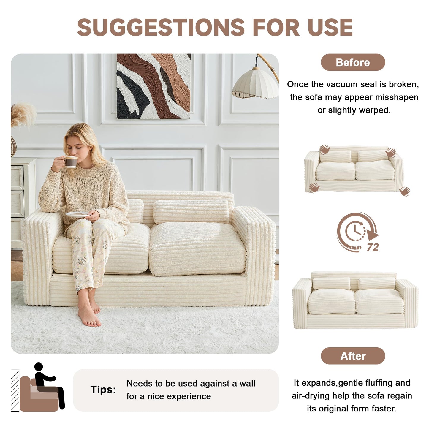 Paxato Bean Bag Chair Couch, Two Seat Giant Bean Bag Sofa for Adults, Boneless Loveseat Floor Sofa Couches for Living Room, Small Couch for Bedroom, Apartment, Office (Beige)
