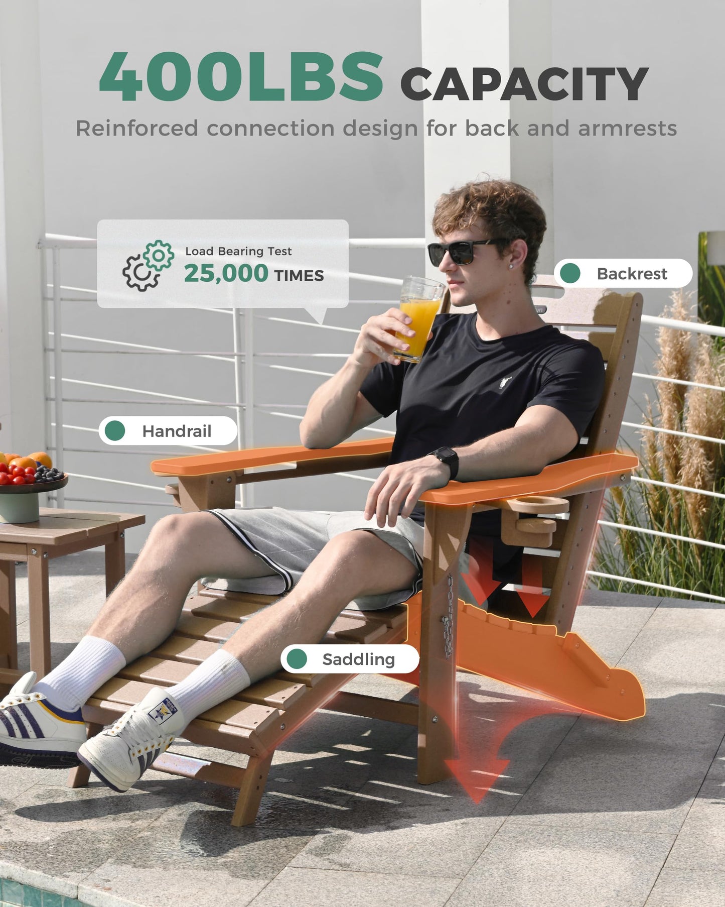 SUUNYN Folding Adirondack Chair with Retractable Ottoman Weather Resistant Fire Pit Chair Patio Chair with 2 Cup Holder Lawn Outdoor Lounge Chair (Teak)