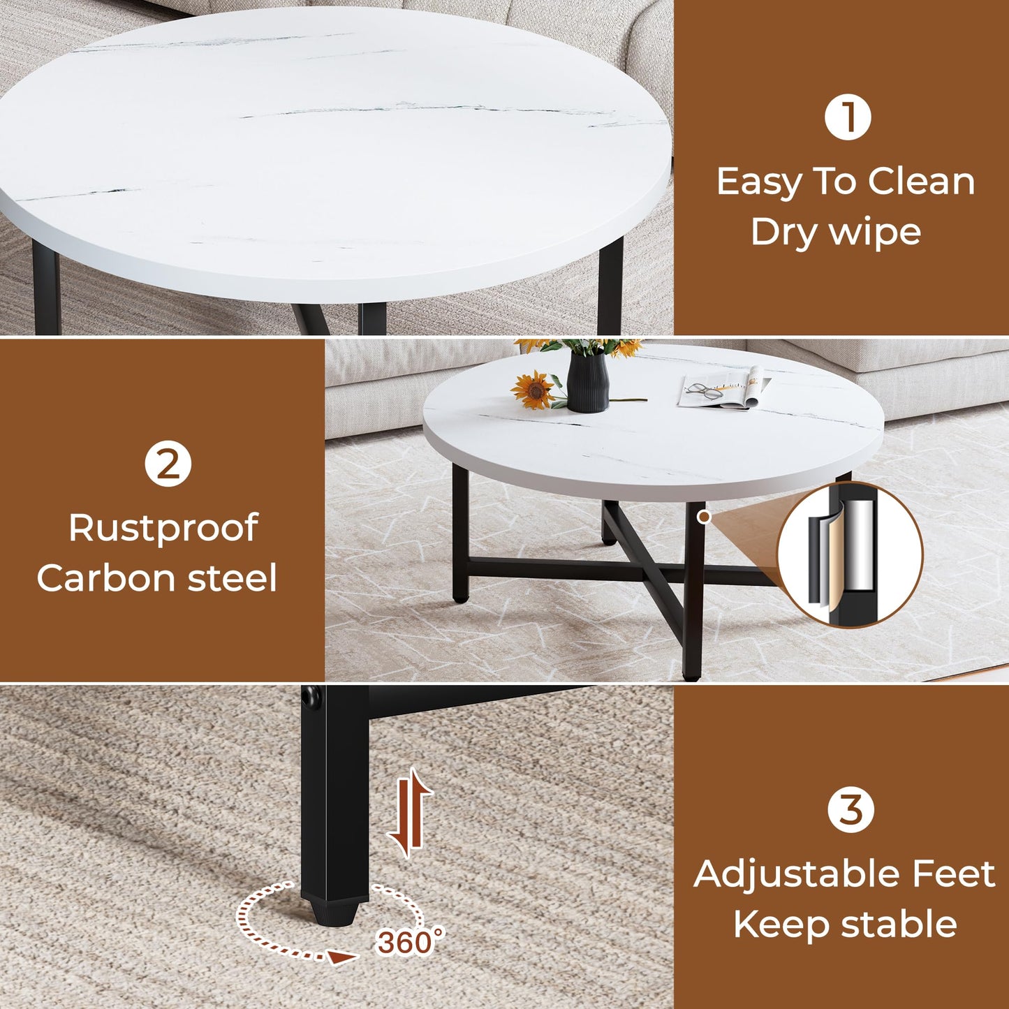 FURMORENE Coffee Table, 31.5" Large Coffee Tables, White Round Coffee Tables for Living Room, Floor Table for Sitting on The Floor, Center Coffee Table with Metal Frame for Office Apartment Home