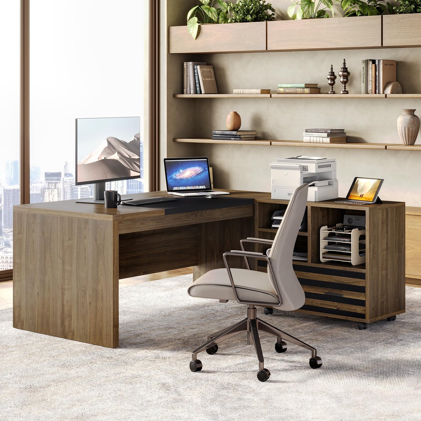 LITTLE TREE L-Shaped Computer Desk with File Cabinet Combo, 63-Inch Office Desk, 31-Inch Filing Cabinet with Storage & Drawer for A4/Letter/Legal Size File, Large Business Furniture for Home Office