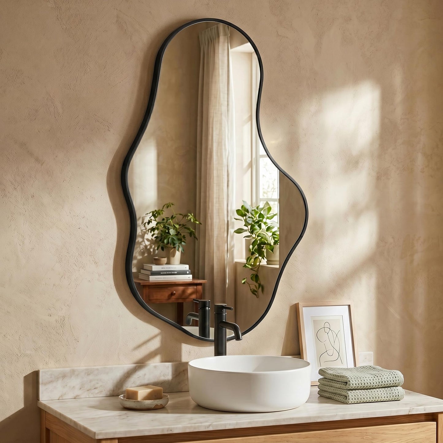 Fahomiss Irregular Wall Mirror, 22"x36" Black Abstract Asymmetrical Mirrors for Wall, Decorative Cloud Aesthetic Mirror for Bathroom, Bedroom, Cloakroom, Entryway, Shatter-Proof Aluminum Alloy Frame