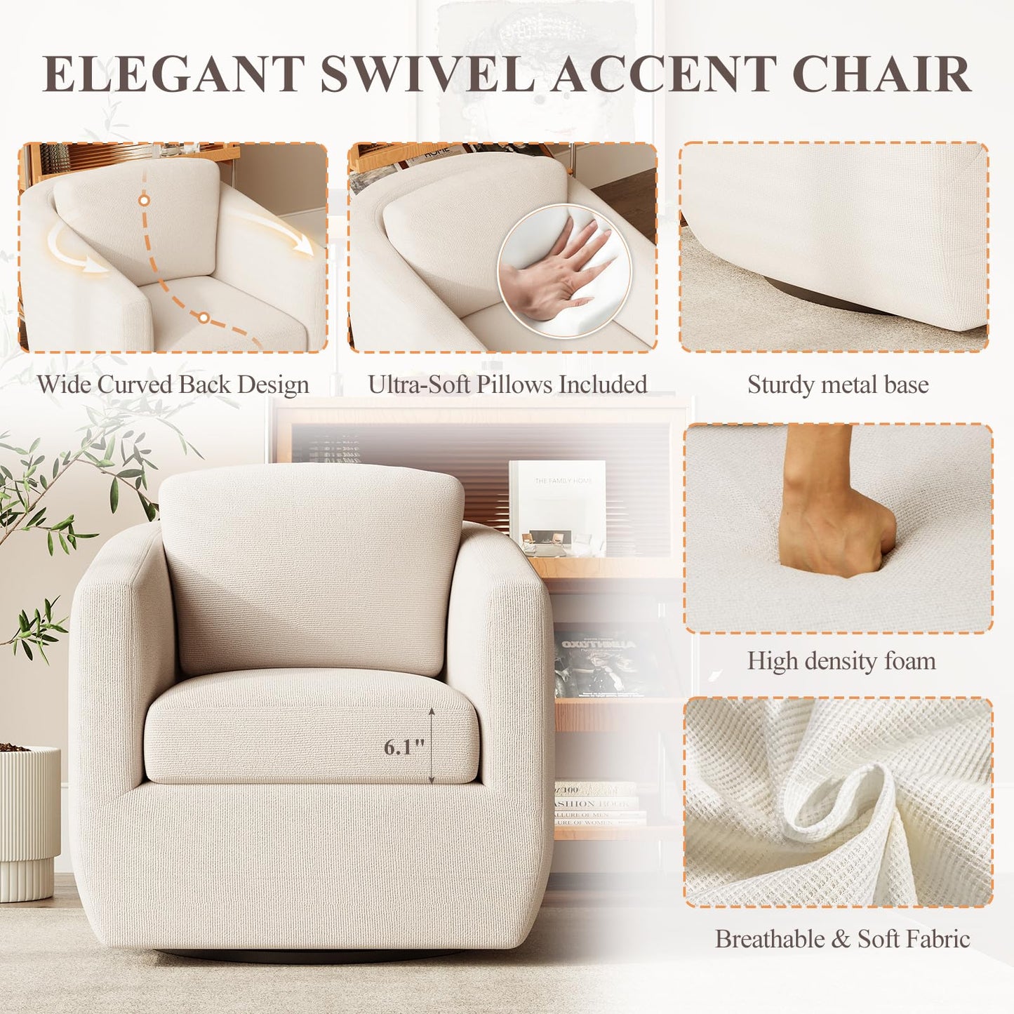MALOL 360° Swivel Accent Chair Set of 2 with Pillow - Comfy Living Room Armchair No-Sag Foam & Sturdy Metal Base, Fully Assembled Swivel Accent Single Sofa for Bedroom Living Room, Office, Beige