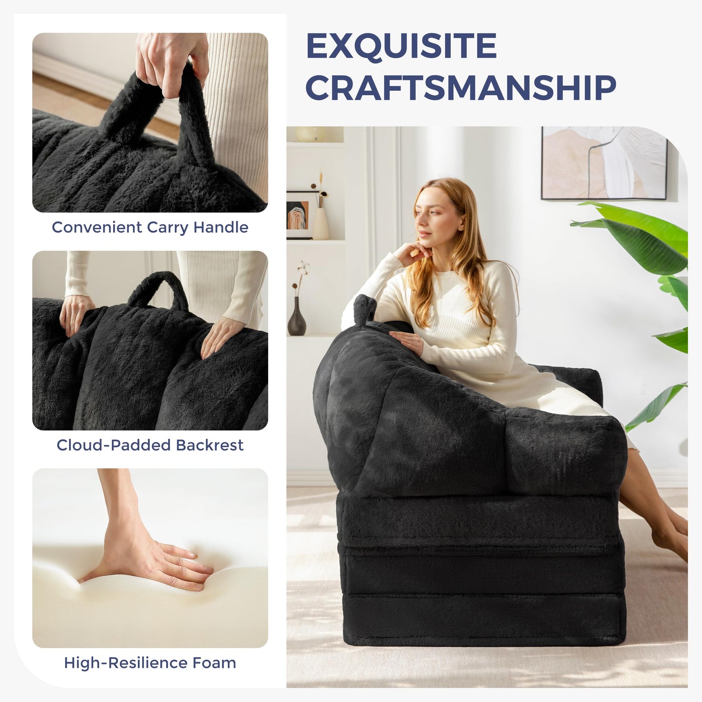 MAXYOYO Folding Sofa Bed, 2 in 1 Convertible Sofa to Lounger Comfy Loveseat Bean Bag Chair for Adults, Floor Couch with Handle, Faux Fur Couch Bed for Living Room Bedroom, Black, Loveseat