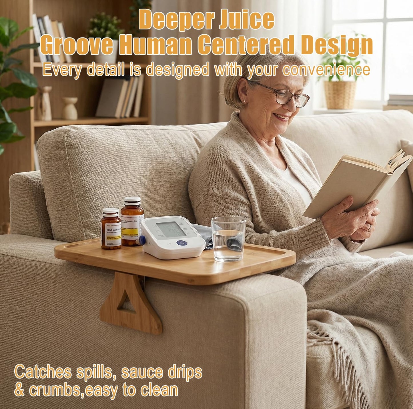 Fumusae Couch Arm Tray, 13" × 9" Bamboo Foldable Sofa Armrest Table Tray Clip-On Desk for Eating TV Snacks Drinks Phone Remote, Natural Wood Wooden Holder Side Table for Armchair Recliner Small Spaces