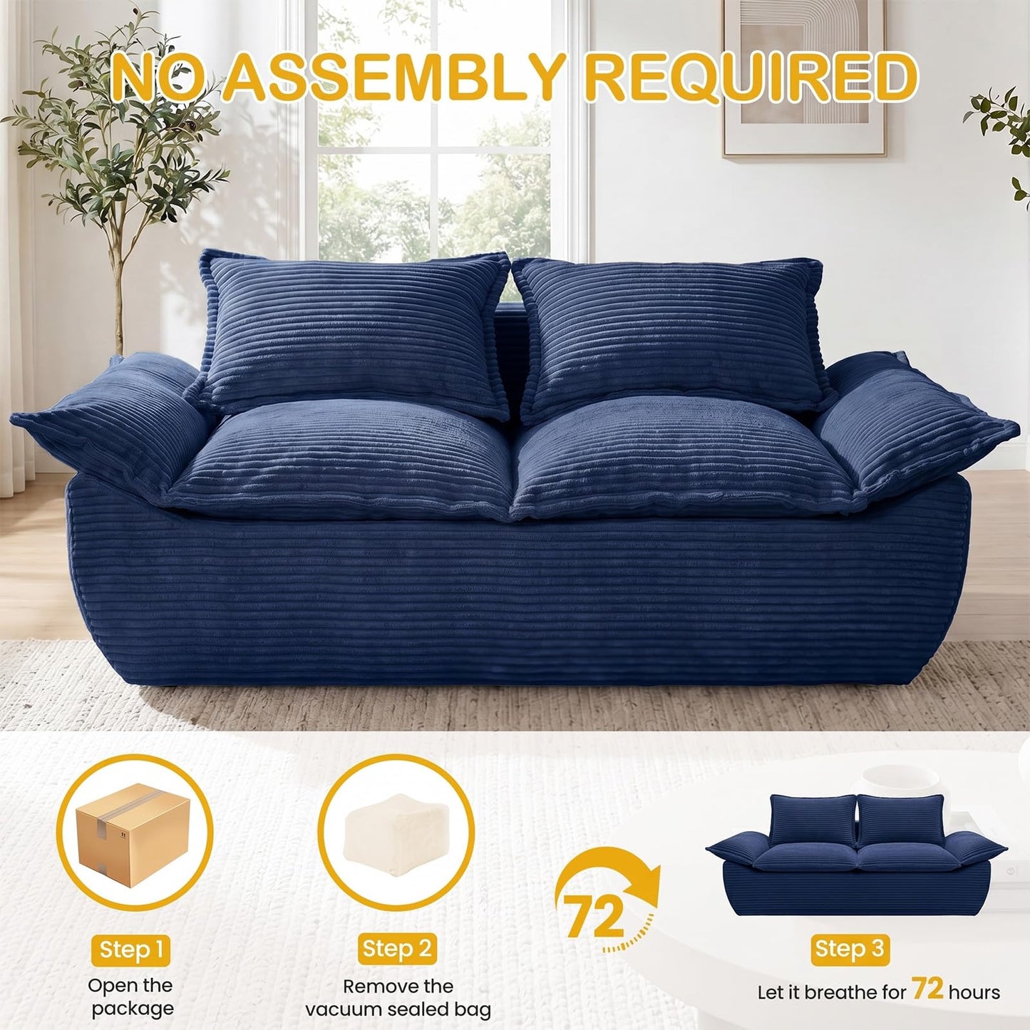 AOLVDOW 56" Boneless Loveseat, 2-Seater Boneless Sofa with Removable Cushions & 2 Pillows, Small Deep Seat Boneless Couch Compress Foam Sofa for Living Room, Apartments, & Office (Blue, Loveseat)