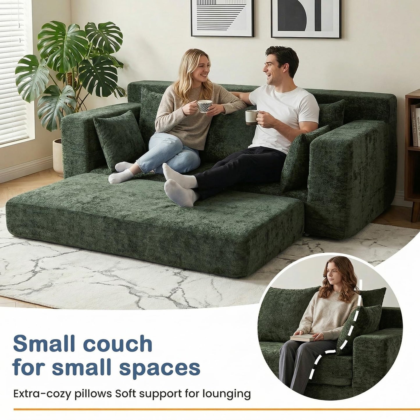 Winzoo Boneless Couches 70", 3 Seater Boneless Couch with Pull Out Sofa Bed, Boneless Couch Bed with 5 Pillows Green, Plush Velvet Sofa for Living Room & Bedroom