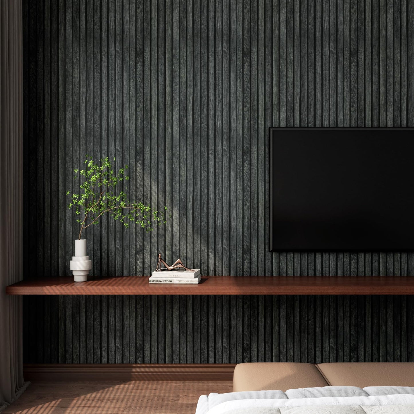 LACHEERY Black Wood Panel Wallpaper Peel and Stick 3D Wood Slat Wall Paper Black Wooden Slats Panels for Wall Cabinets Removable Contact Paper Self Adhesive Oak Slat Panel Roll Decorative 15.8"x80"