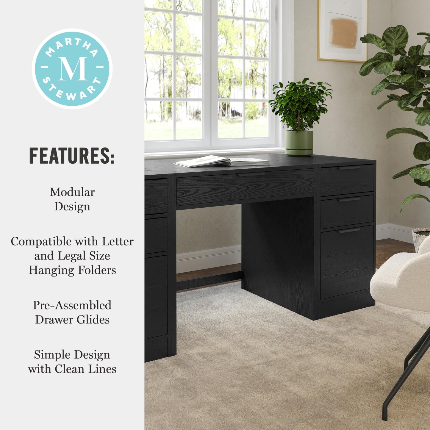 Martha Stewart Kayden Home Office Modular Desk with Drawer and Dual 3 Drawer File Cabinets in Black with Oil Rubbed Bronze Hardware
