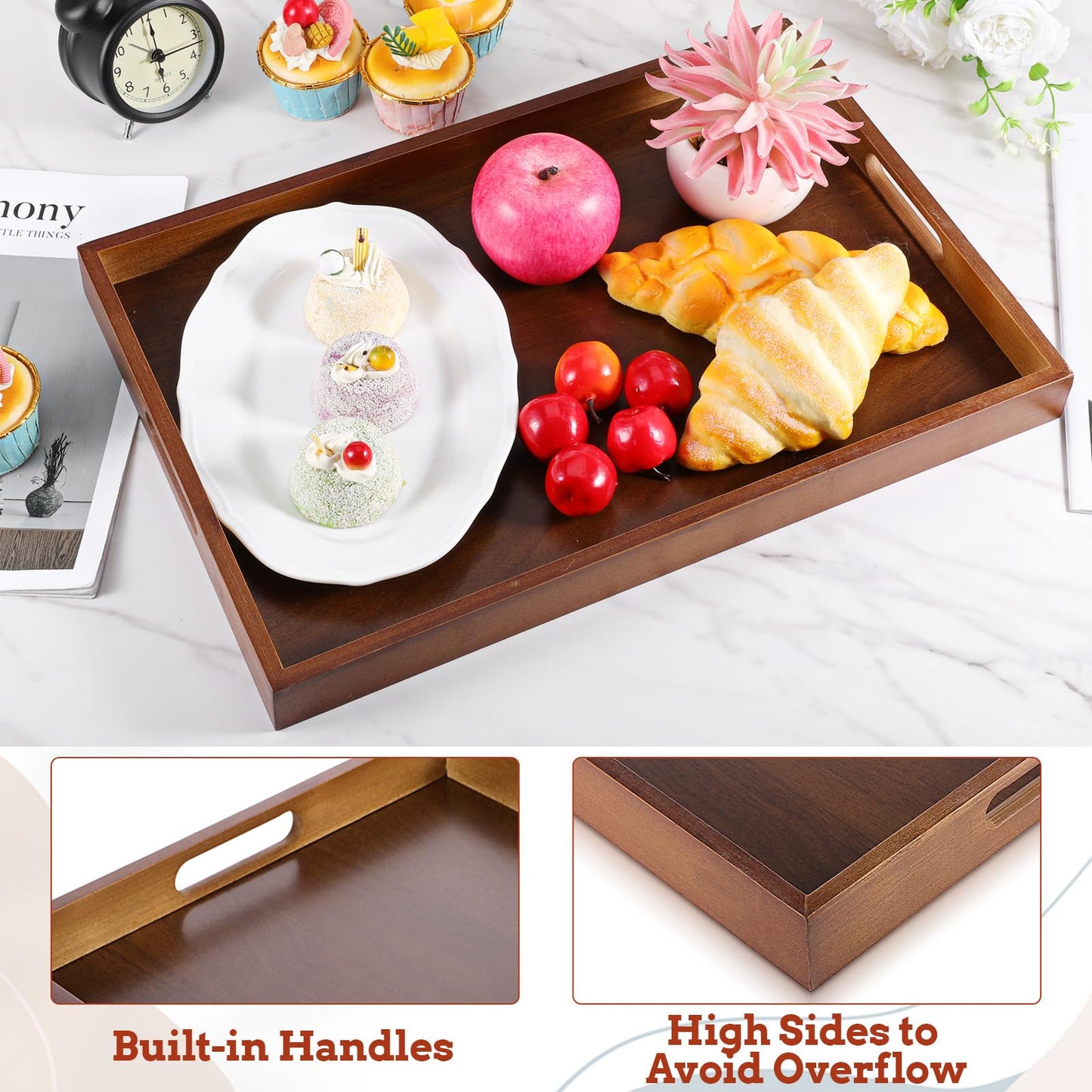 KongTiva 17.3 Inch Acacia Wood Serving Tray with Handles, Large Wooden Ottoman Tray for Breakfast in Bed, Dinner, Coffee Table, Decorative Rectangular Tray for Living Room Bedroom Entryway Kitchen