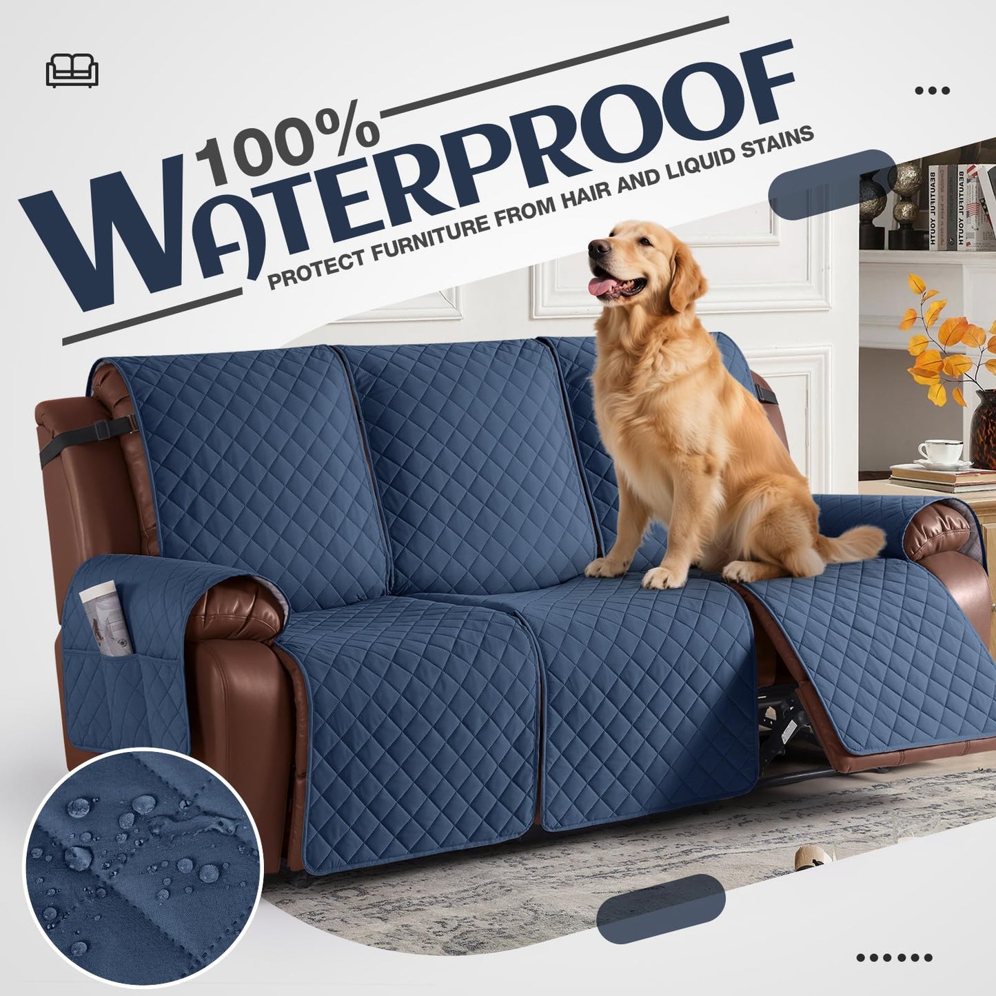 KinCam Waterproof Recliner Sofa Cover, Non-Slip Reclining Couch Covers for 3 Seat, Recliner Couch Cover Furniture Protector with Elastic Straps for Pets, Kids, Blue