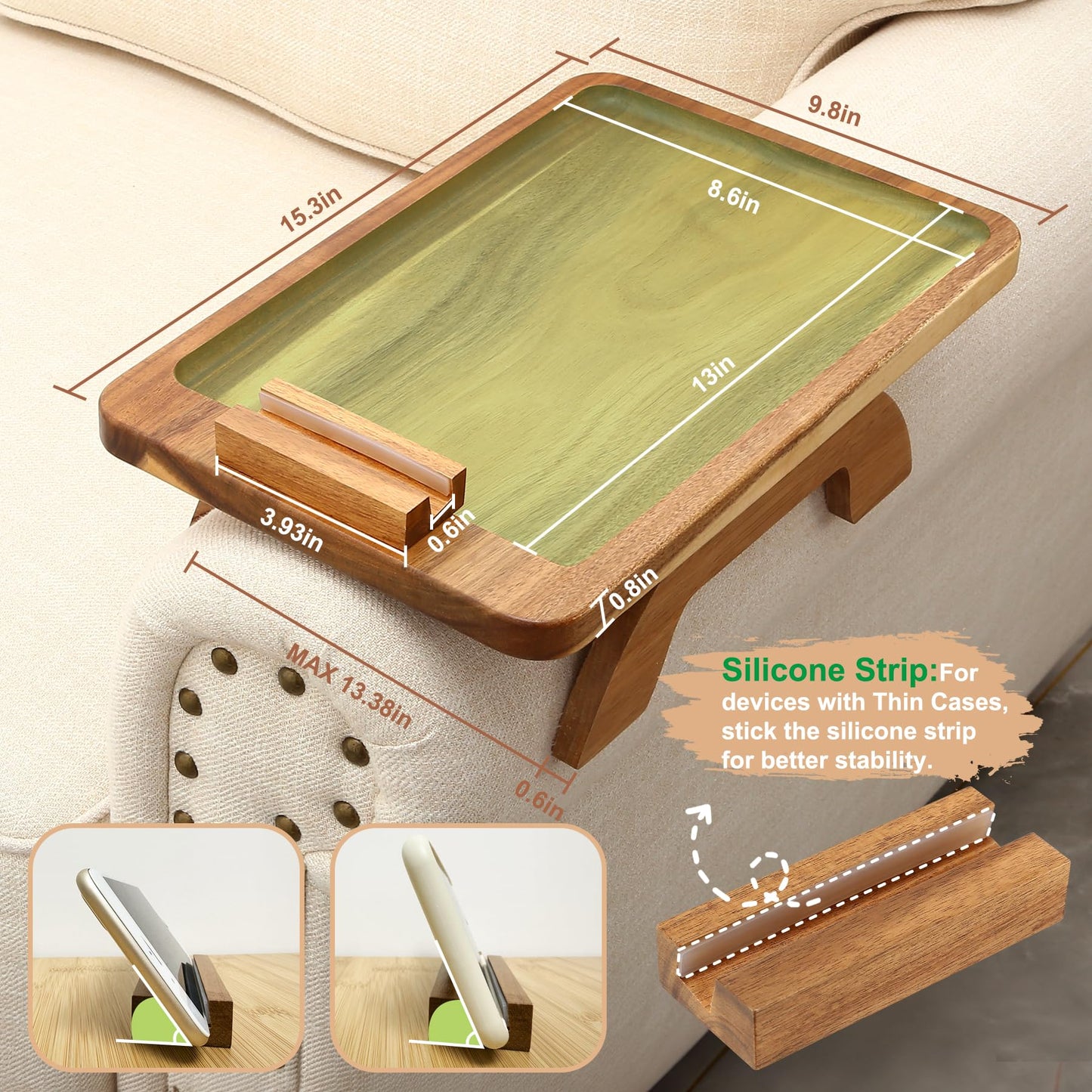 SINWANT Couch Arm Tray, Acacia Wood Sofa Arm Rest Table Clip on Wide Armrest,Folding Anti Slip Couch Armrest Table with 360° Rotating Phone Holder for Snacks,Drinks,Remotes