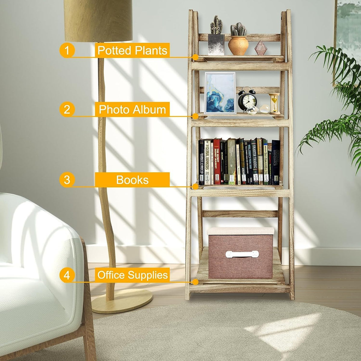 Wooden Ladder Shelf 4 Tier Bookshelf Foldable Storage Rack for Home, Bedroom, or Office (Natural Color)