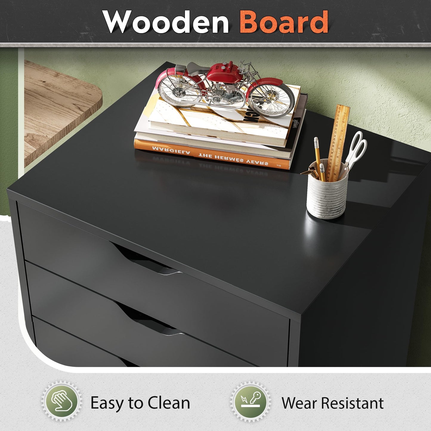 DEVAISE 5-Drawer Chest, Wood Storage Dresser File Cabinet with Wheels, Mobile Dresser for Home Office, Black