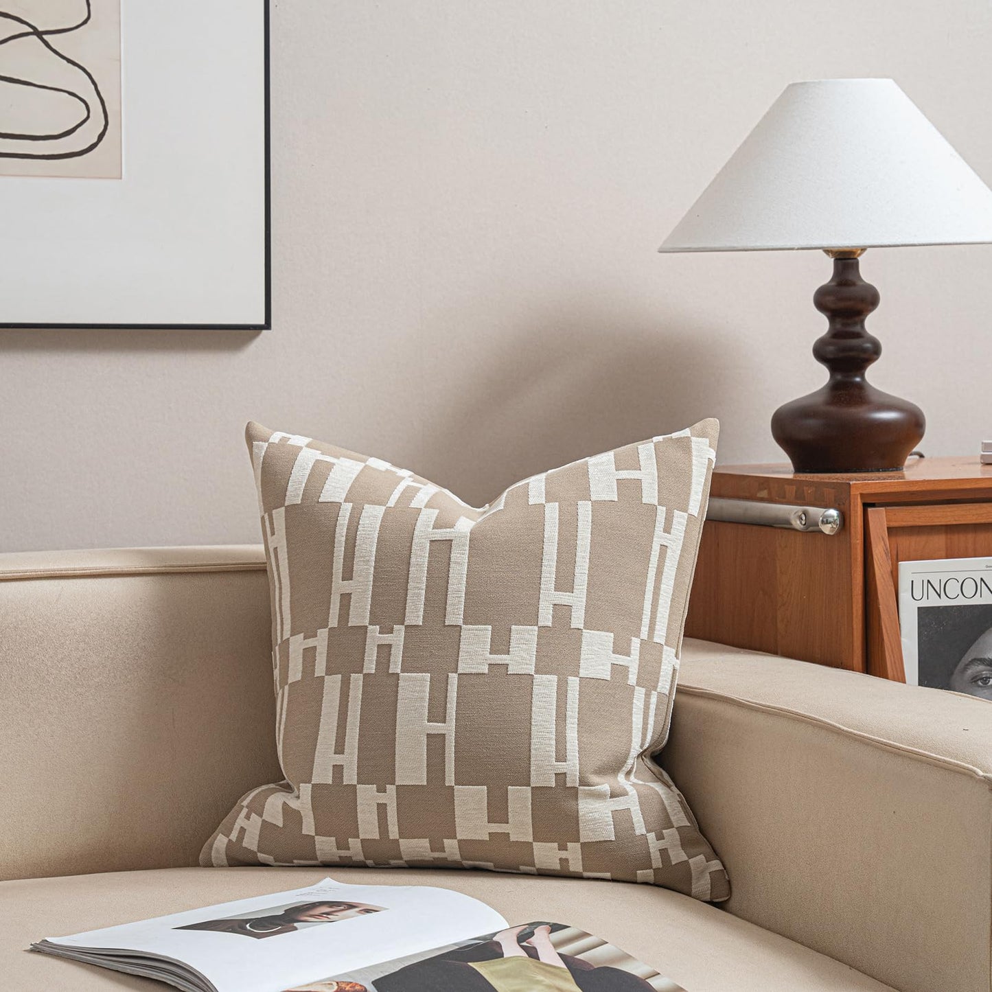 Croker Horse New 20x20'' inches Throw Pillow Cushion Covers - Beige H Letter Chenille Jacquard Embroidery Luxury Modern Style Couch Sofa Bed Pillow Cover for Living Room Bedroom