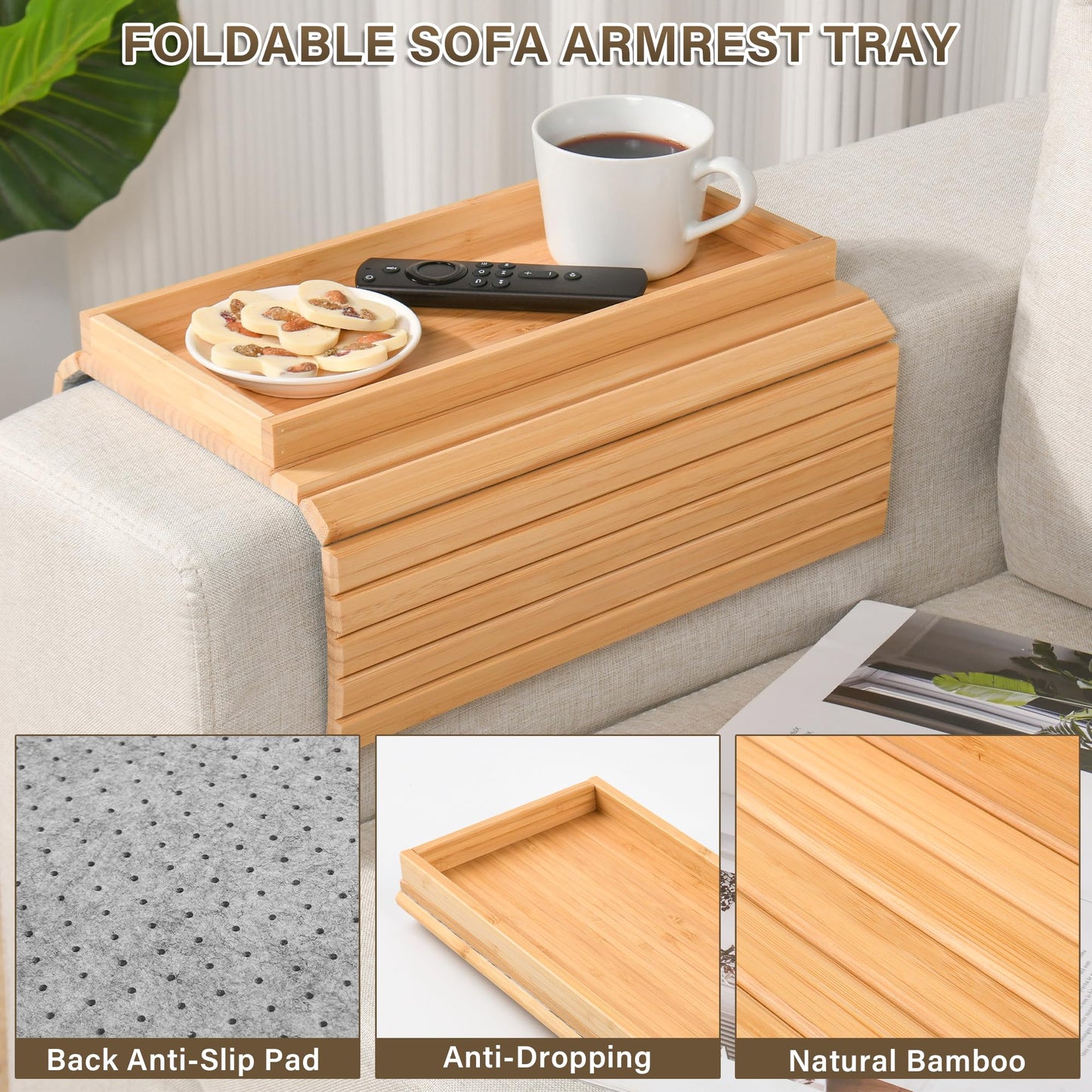 YUBAMIN Bamboo Sofa Arm Tray, Anti-Dropping Couch Arm Tray, Foldable Sofa Armrest Tray Couch Arm Table for Eats, Drinks, Snacks, Remote, Cellphone, Cup Holder, Back Anti-Slip Pad Design