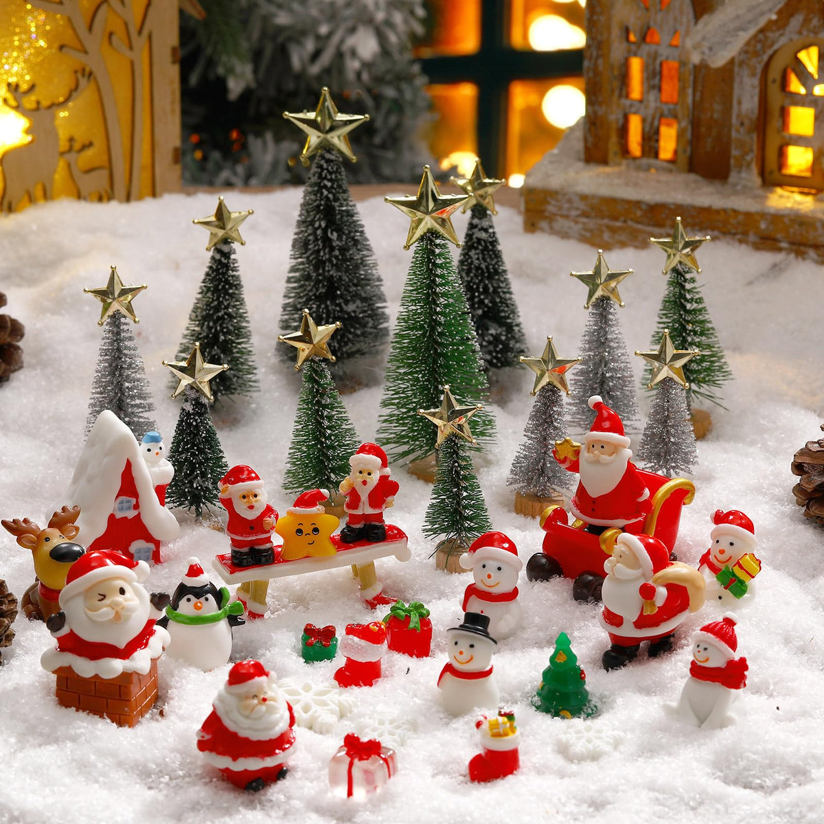 Roowest 96 Pcs Miniature Ornaments for Snow Globe Kit DIY Christmas Village Decoration Christmas Figurines Mini Ornaments with Snowman Reindeer Santa Claus Snowflake(Dark Green Light Green Silver)