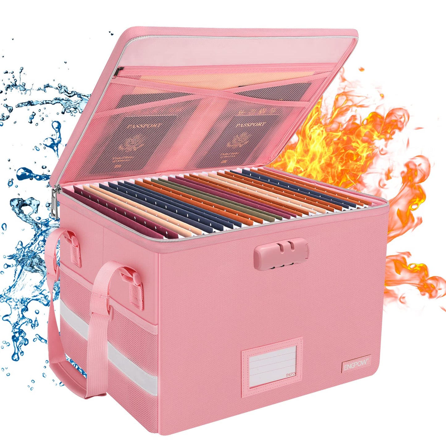 ENGPOW File Box with Lock, Fireproof Document Box with Zipper＆Pockets, Collapsible File Organizer Filing Storage Cabinet with Handle, Portable Home Office Safe for Hanging Letter/Legal Folder, Pink