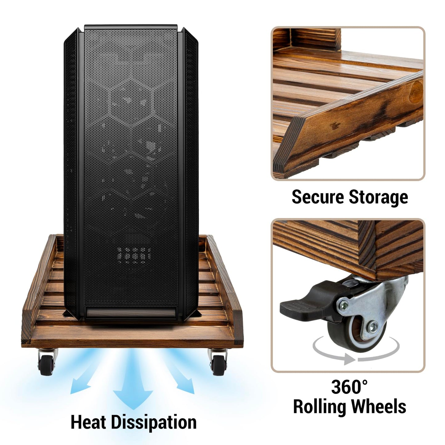 MyGift Rustic Solid Wood CPU Tower Stand – Deluxe PC Holder with Rolling Lockable Caster Wheels, Computer Case Floor Stand