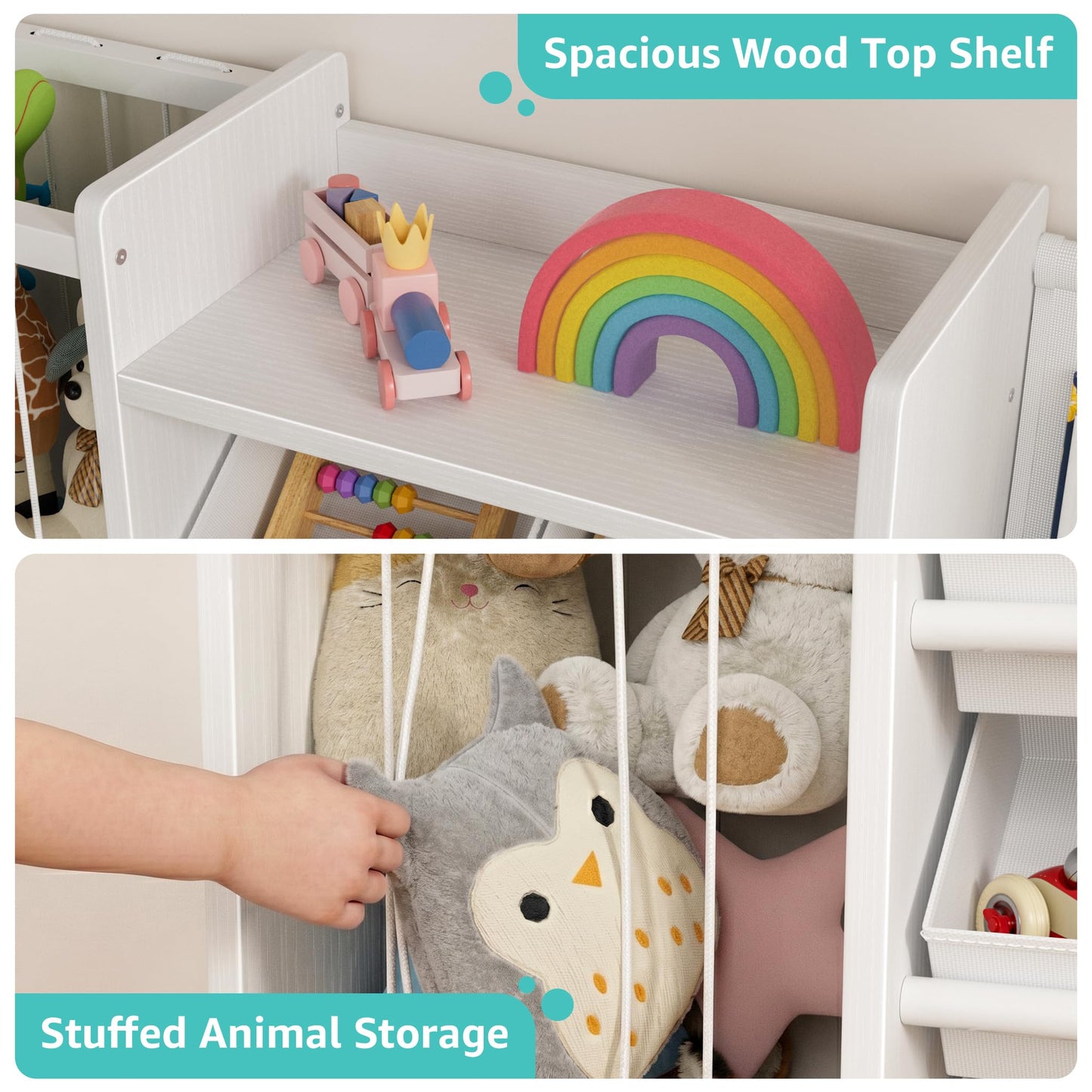 BOLUO Kids Toy Storage Organizer with Bookshelf, 3-in-1 Kid Book and Toy Storage Holder Shelves for Baby Toddler Playroom Living Room White