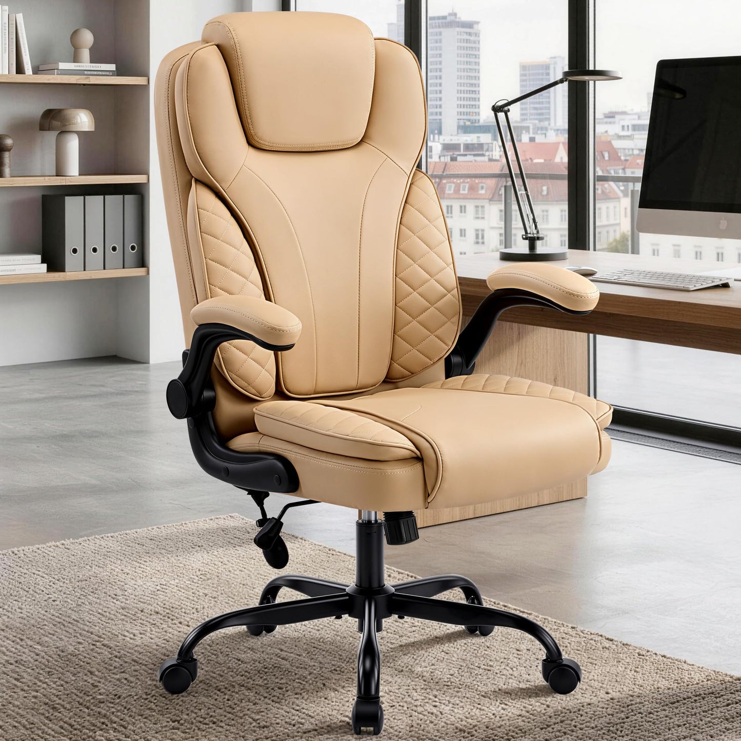 Hayelf Ergonomic Office Chair, PU Leather High Back Executive Chair with Adjustable Inflatable Lumbar Support and Padded Flip-Up Arms, Recline Swivel Task Computer Chair for Home Office, Khaki