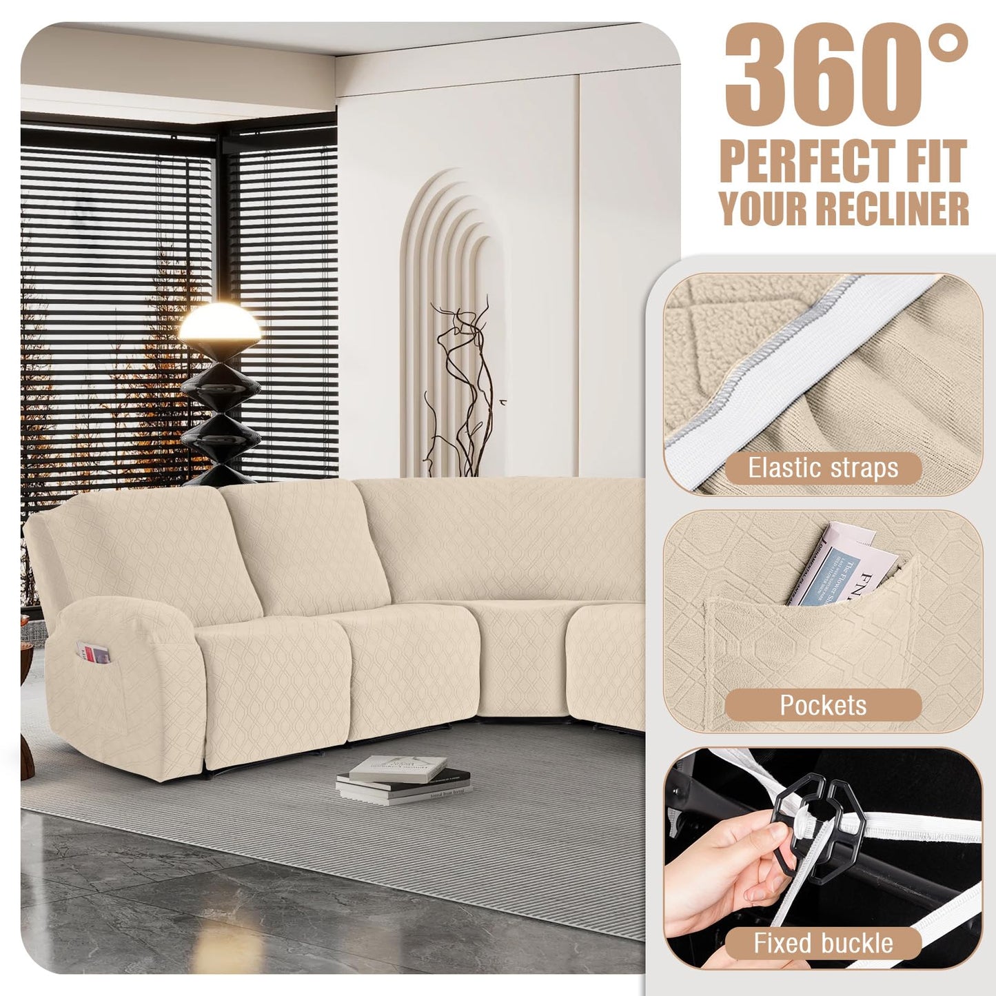 VANSOFY Extra Large Reclining Sectional Couch Covers, Washable 5-Piece Sofa Covers for L Shape Sectional Sofa Corner Seater, Thick, Soft Sofa Slipcovers (5 Seat Recliner Cover, Cream)