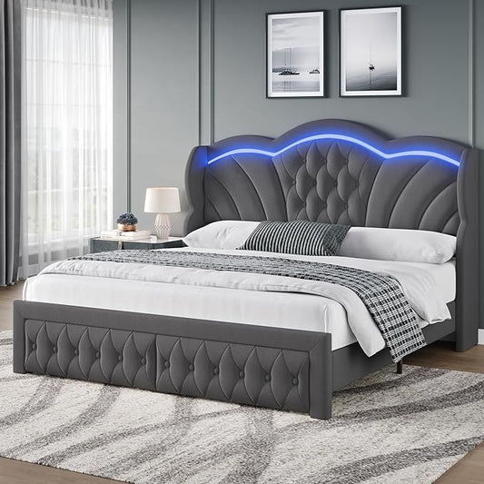 Keyluv Queen Bed Frame with LED Lights and 2 Storage Drawers, Velvet