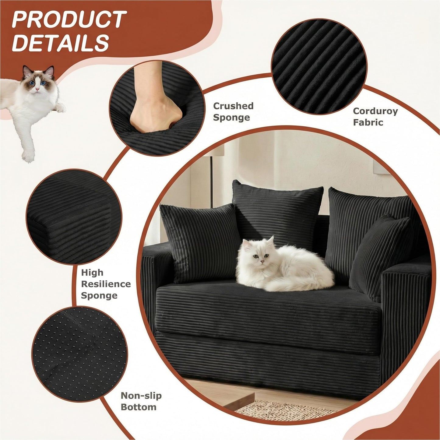 AOLVDOW Convertible Sofa Bed, 5 in 1 Small Boneless Couch Pull Out Loveseat Sleeper Sofa,Corduroy Futon Couch Folding Mattress with 4 Pillows for Living Room (Black, 56INCH)