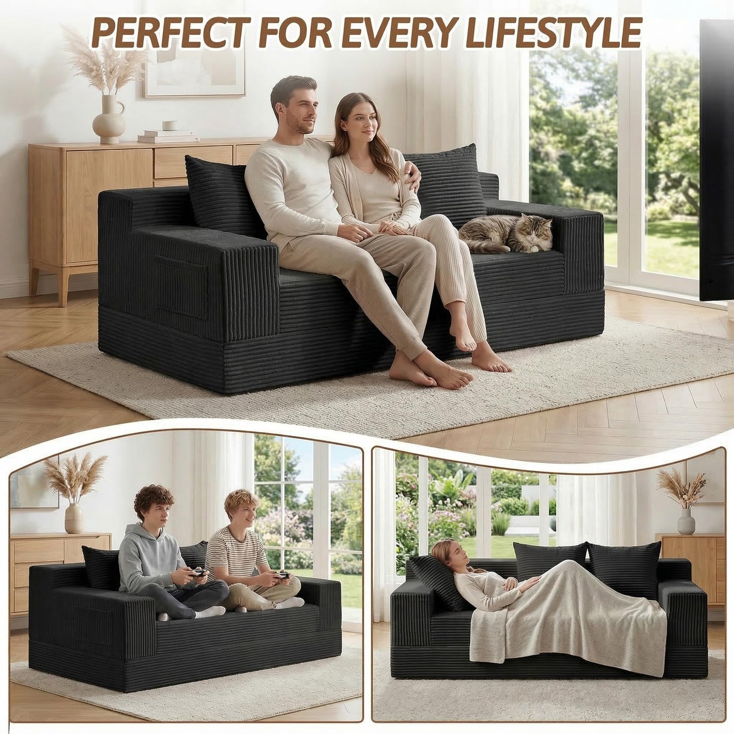 NLDD 78" Convertible Sofa Bed, Foldable Floor Couch Futon Sofa,High-Density Sponge Boneless Couch, 3 Seater Sleeper Couch with 3 Pillows for Living Room Bedroom Lounge (Black)