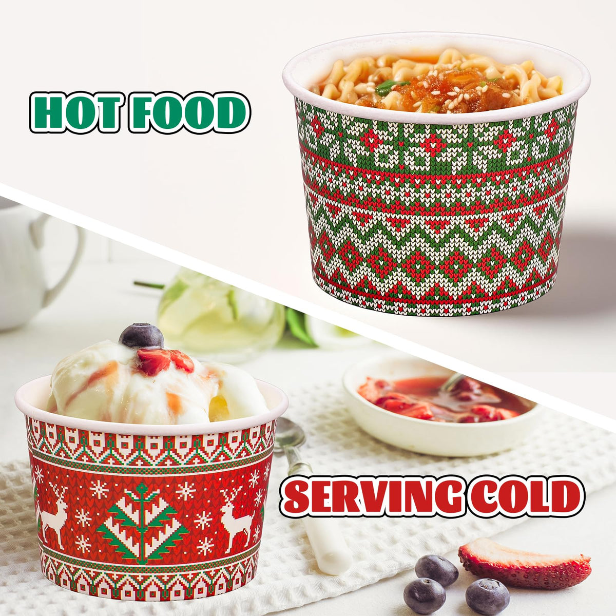 Whaline Christmas Snack Cup Xmas Red Green Ugly Sweater Disposable Paper Cups 9 Oz Dessert Ice Cream Paper Bowls for Winter Holiday Treat Candy Cake Party Favor Supplies, 48 Pcs
