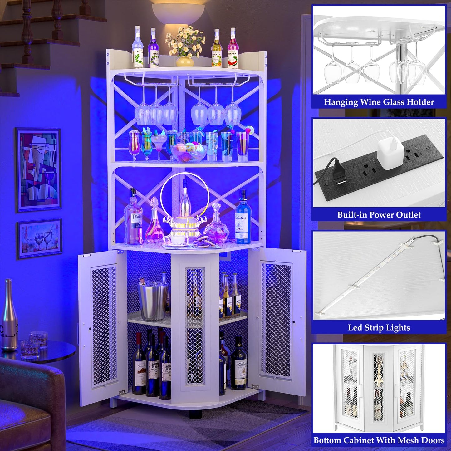 Aheaplus Corner Bar Cabinet with Power Outlet, Industrial Wine Cabinet with LED Strip and Glass Holder, 5-Tiers Liquor Cabinet Bar Unit for Home, Corner Display Cabinet for Small Space, White