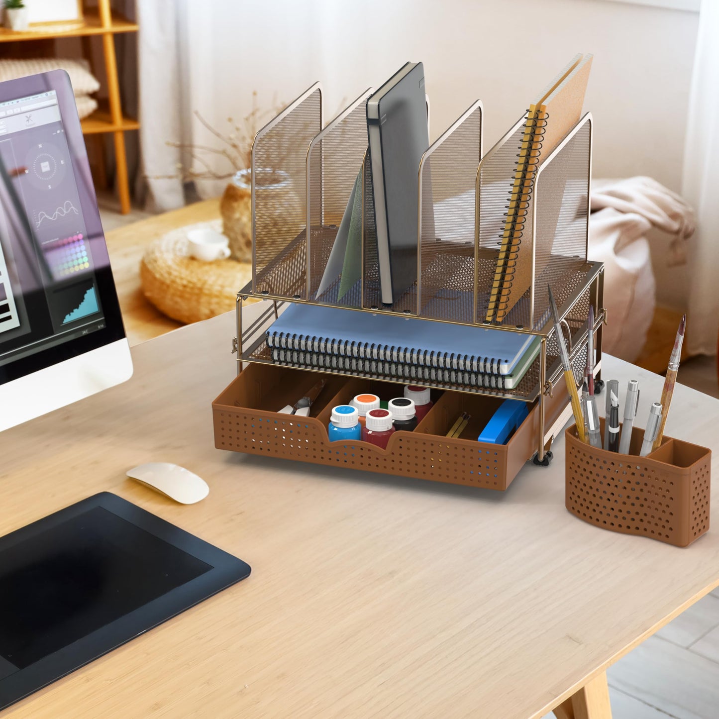 Simple Houseware Mesh Desk Organizer with Sliding Drawer, Double Tray and 5 Upright Sections, Copper