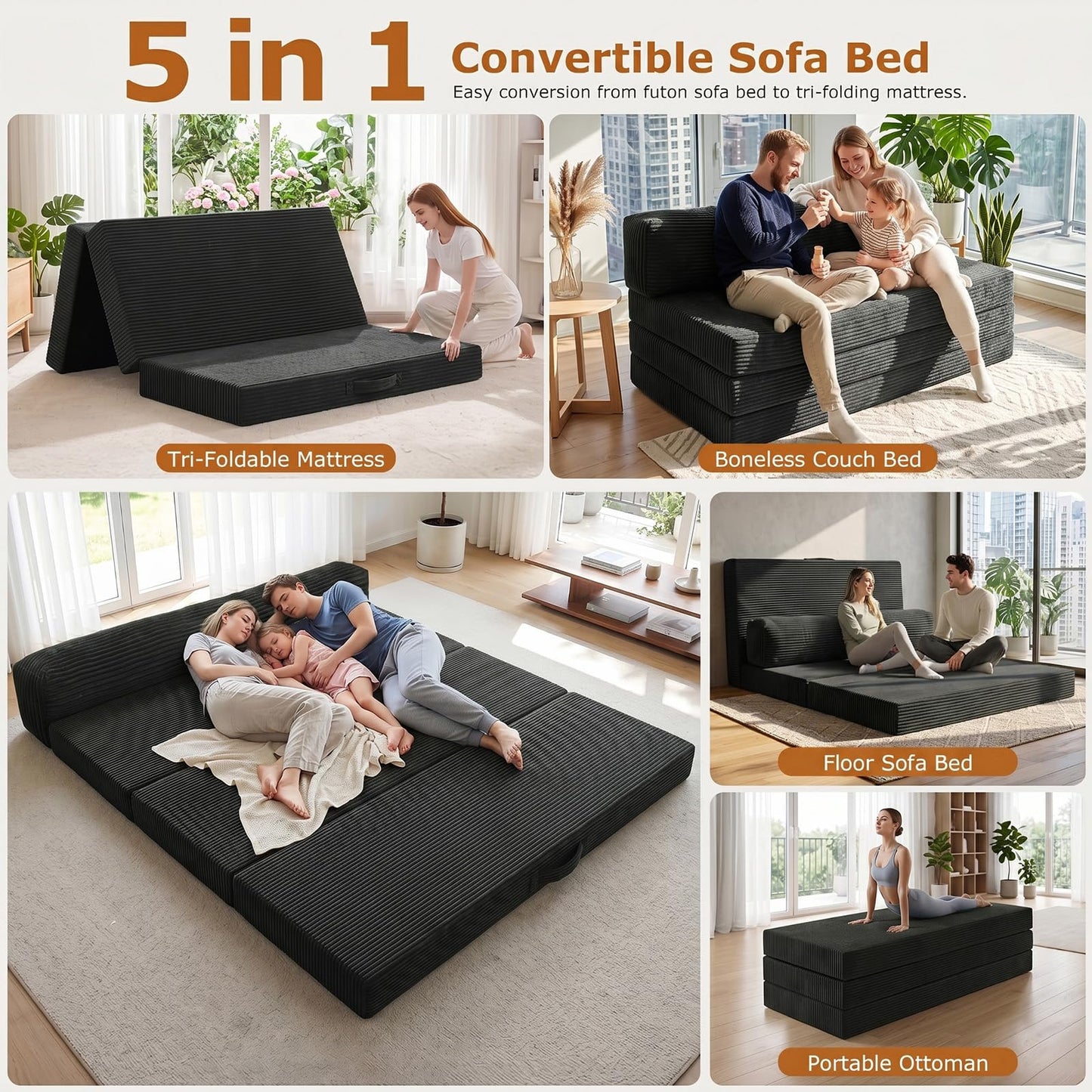 5 in 1 Foldable Floor Sofa Bed, Tri-Fold Memory Foam Futon Mattress, Convertible Sleeper Couch Guest Bed, Portable Fold Out Sofa Couch for Living Room Apartment Office Guest Room