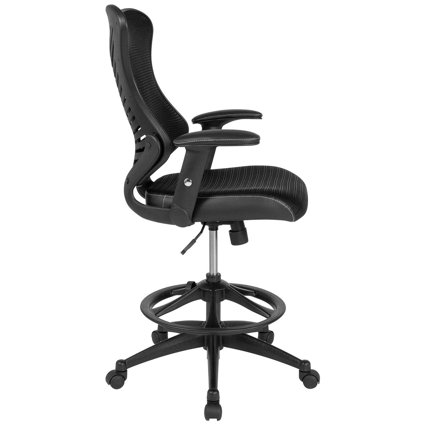 Flash Furniture Waylon High Back Designer Black Mesh Drafting Chair with LeatherSoft Sides and Adjustable Arms