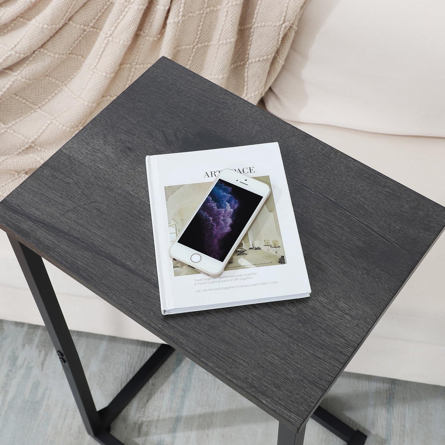 AMHANCIBLE C Shaped End Tables Set of 2, Couch Side Tables that Slide Under Sofa, Slim TV Trays for Living Room and Bedroom, Narrow Space Saving Laptop Workstation, Dark Grey HET02BDG