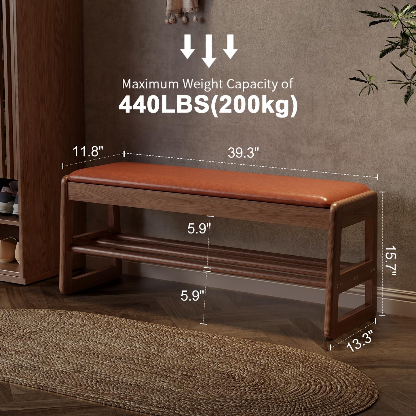 AQIMUELE Shoe Rack Bench,2 Tiers Shoe Bench with Storage with Flip-Top,Wood Shoe Rack for Entryway,Hallway（Orange Upholstered Seat,11.8" D x 39.3" W x 15.7" H）