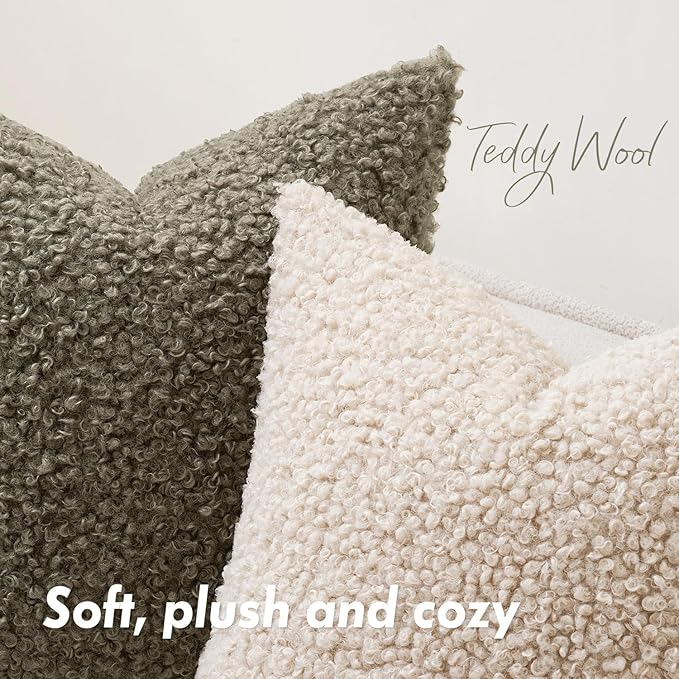 Faux Fur Throw Pillow Covers 24x24 Inch Set of 2 Euro Boucle Neutral Decorative